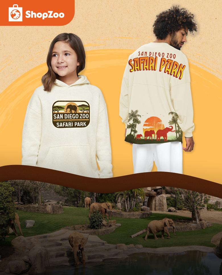 ShopZoo logo - boy and girl wearing San Diego Zoo Safari Park merchandise
