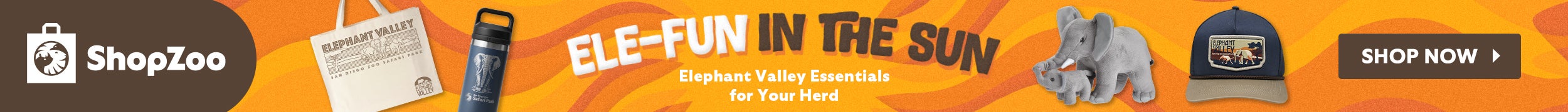 ShopZoo logo, Ele-fun in the sun. Elephant valley essentials for Your Herd. Shop Now