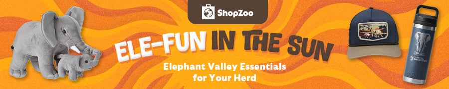 ShopZoo logo, Ele-fun in the sun. Elephant valley essentials for Your Herd. Shop Now