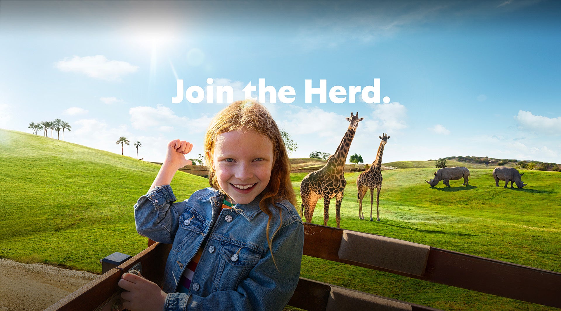 Join the Herd - Girl with giraffes in background