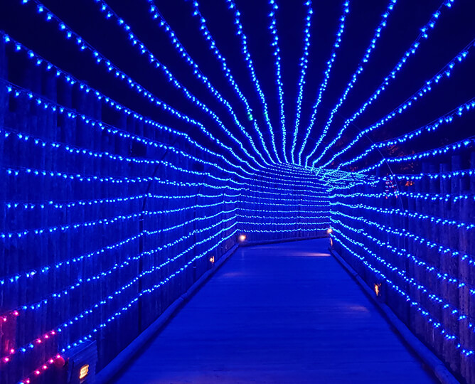Bridge with archway of lights. 