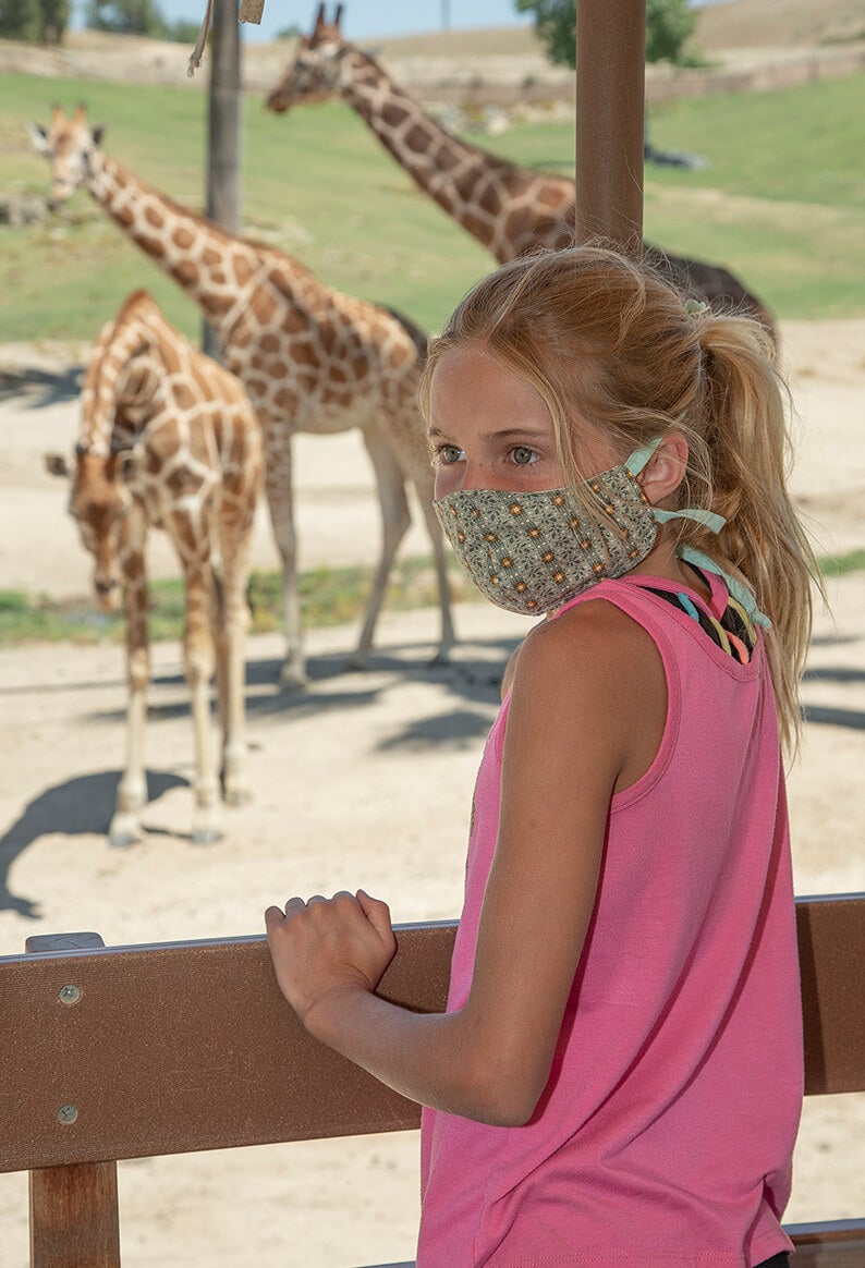 Young girl standing in safari cart while giraffes stand in the field a few feet from her.