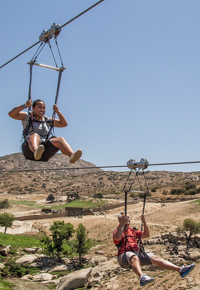 A photo of two men riding adjacent zip lines over the Safari Park.