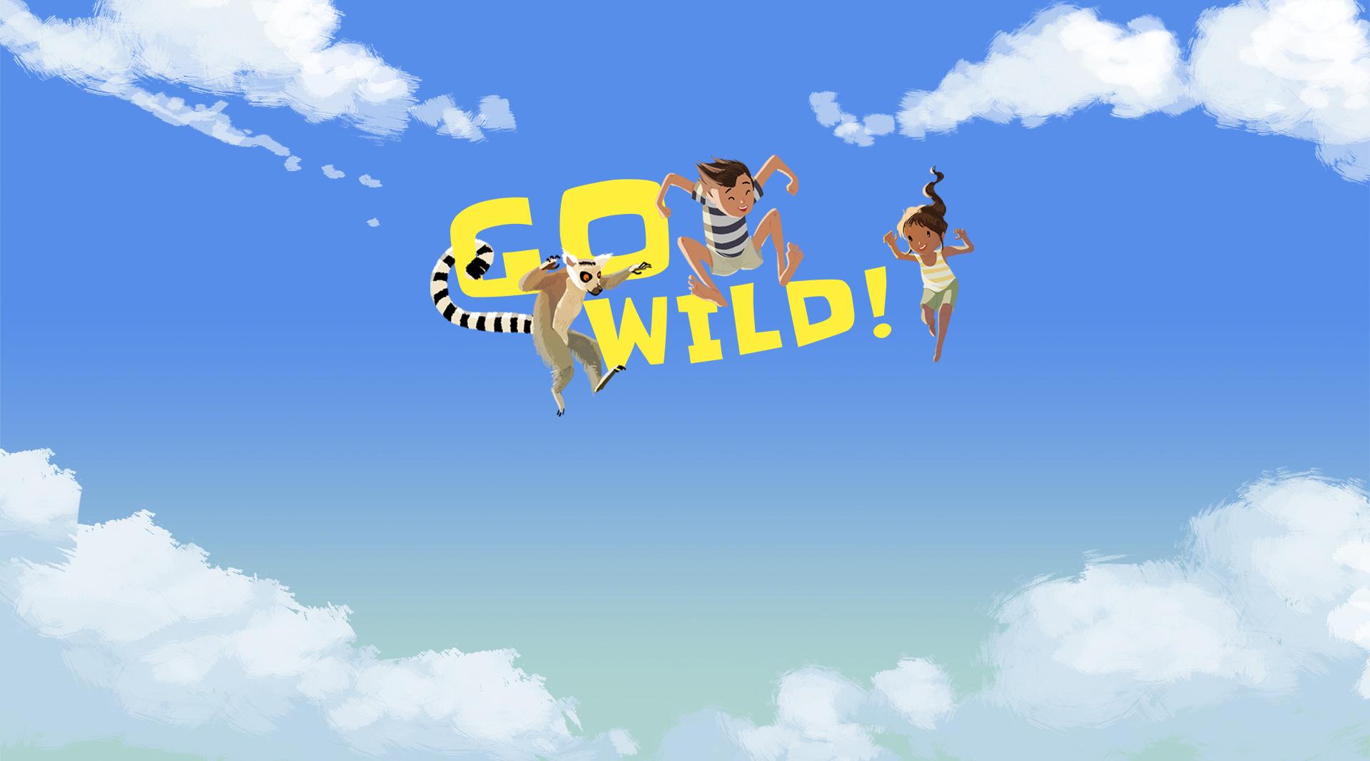 Go Wild. Two kids and a lemur jumping in the air